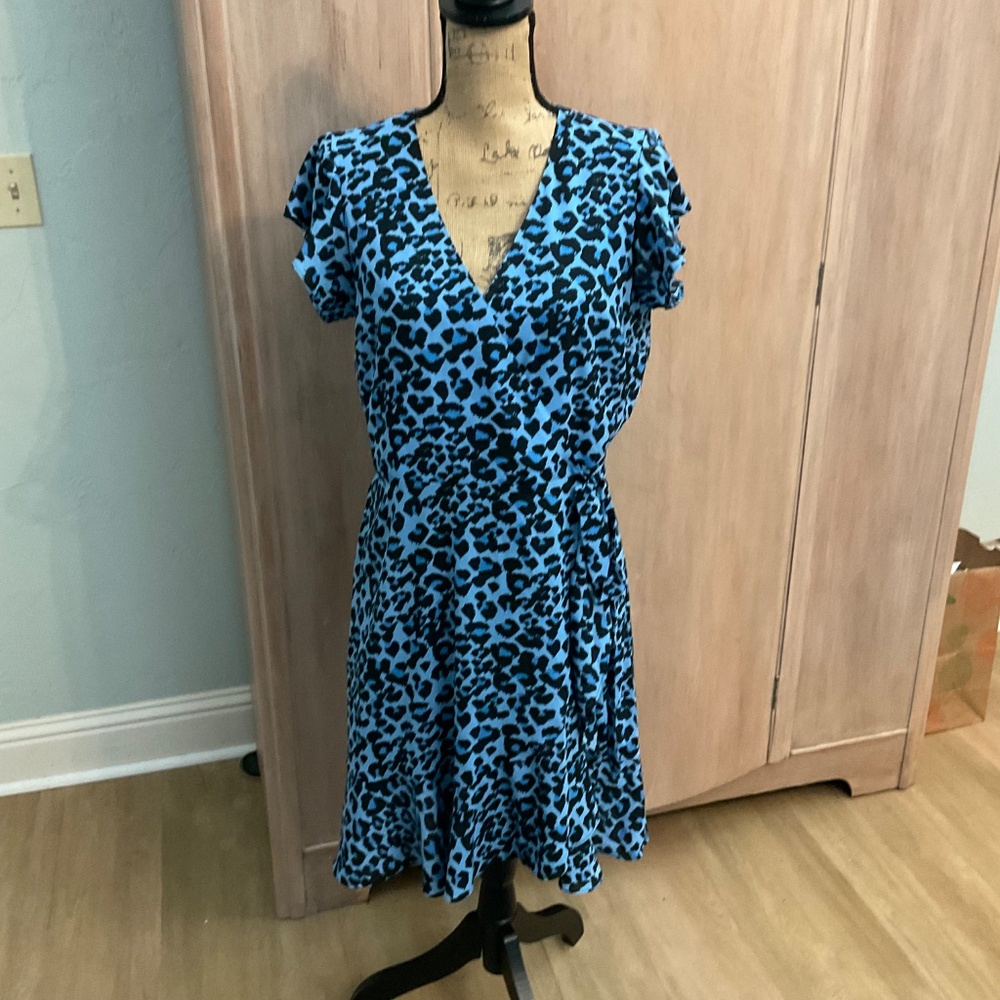 Banana Republic wrap dress blue black animal print career Fall professional 8